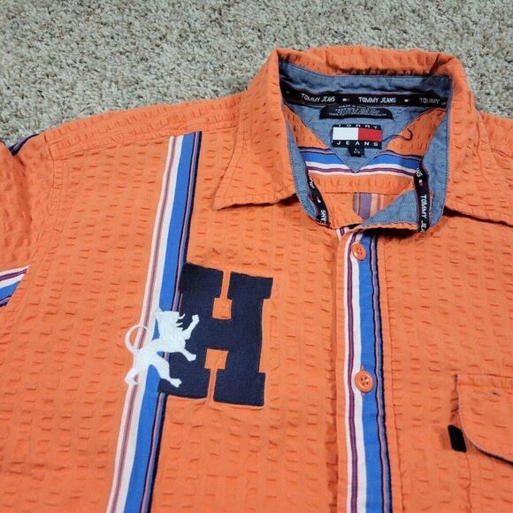Tommy Hilfiger Shirt Mens Large Orange Seersucker Short Sleeve Striped Button Up - Picture 3 of 8